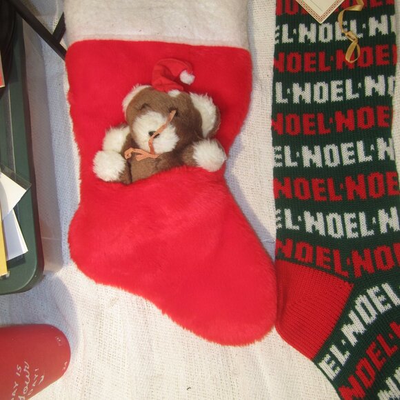 VINTAGE CHRISTMAS DECOR ITEMS, 2 STOCKING 2 SANTA HATS - Picture 2 of 6